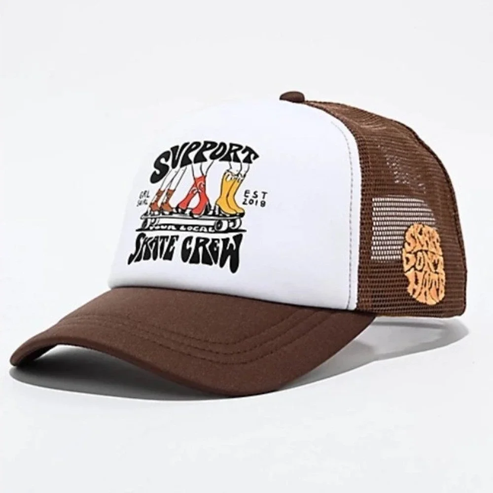 GRLSWIRL Support Skate Crew Brown White Trucker Hat Snapback New